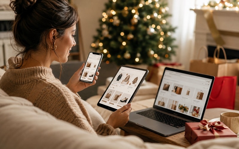 Holiday shopper moving between a smartphone, laptop and in-store pickup during a multi-screen shopping journey
