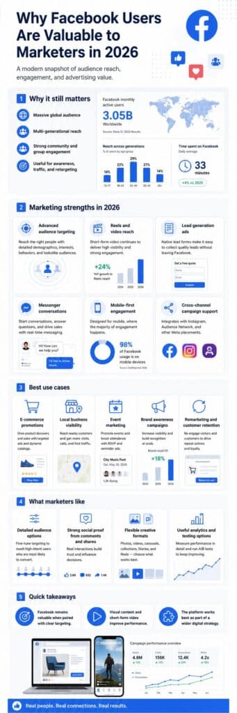 Facebook marketing infographic showing user statistics, mobile and desktop activity, audience demographics, life events, popular topics, check-ins, and why Facebook users are valuable to marketers.