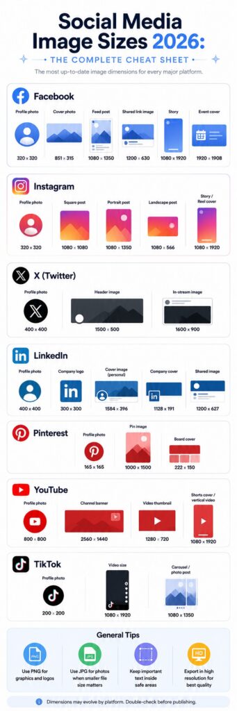 2026 social media image size FAQs for Facebook cover photos, X headers, Pinterest Pins, and LinkedIn Company Page covers.