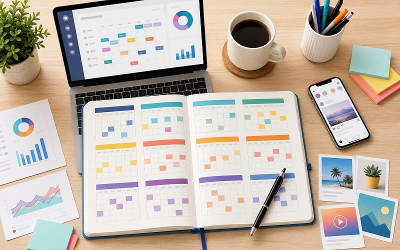 2026 social media content calendar showing annual campaign planning, content pillars, publishing schedules, and performance tracking.