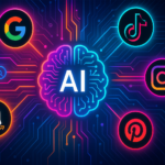 Neon-lit AI brain with glowing circuit-board lines connecting to the logos of Google, YouTube, TikTok, Instagram, Pinterest, and Amazon on a dark background.
