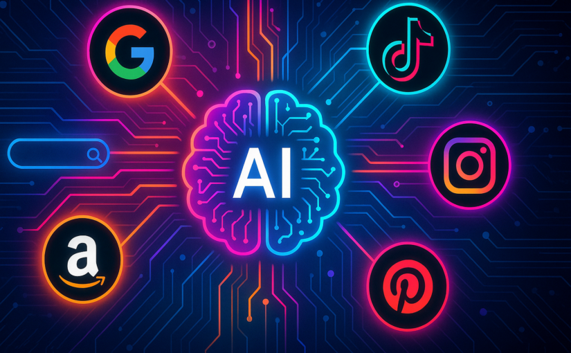 Neon-lit AI brain with glowing circuit-board lines connecting to the logos of Google, YouTube, TikTok, Instagram, Pinterest, and Amazon on a dark background.
