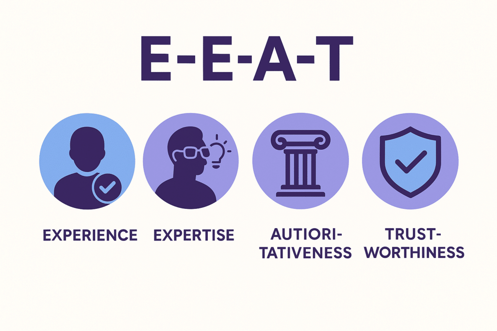 Flat-style infographic showing the four pillars of E-E-A-T—Experience (user silhouette with checkmark), Expertise (profile with lightbulb), Authoritativeness (classical column), and Trustworthiness (shield with checkmark)—with purple and blue icons on an off-white background.