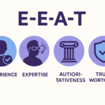 Flat-style infographic showing the four pillars of E-E-A-T—Experience (user silhouette with checkmark), Expertise (profile with lightbulb), Authoritativeness (classical column), and Trustworthiness (shield with checkmark)—with purple and blue icons on an off-white background.