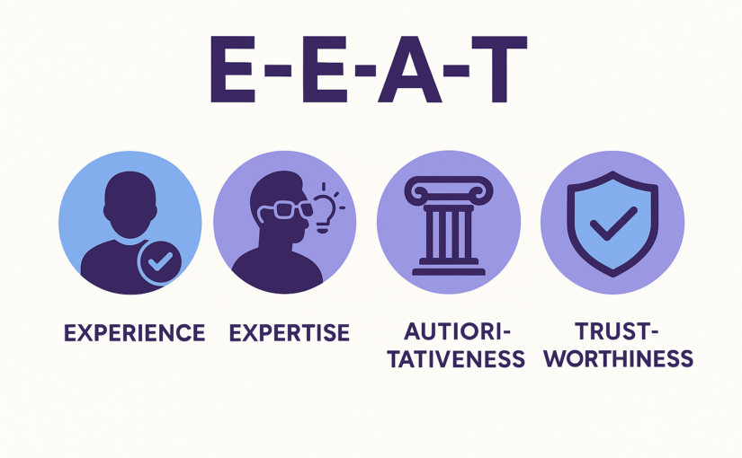 Flat-style infographic showing the four pillars of E-E-A-T—Experience (user silhouette with checkmark), Expertise (profile with lightbulb), Authoritativeness (classical column), and Trustworthiness (shield with checkmark)—with purple and blue icons on an off-white background.