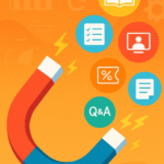 Digital illustration of a red-and-blue U-shaped magnet pulling in six colorful icons representing lead magnets—an open book, checklist, video call, coupon, Q&A quiz, and template—against an orange gradient background with subtle marketing graphics.