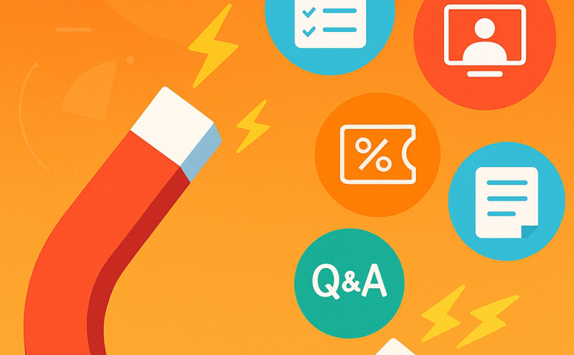 Digital illustration of a red-and-blue U-shaped magnet pulling in six colorful icons representing lead magnets—an open book, checklist, video call, coupon, Q&A quiz, and template—against an orange gradient background with subtle marketing graphics.