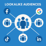 Flat-design infographic with a central seed audience icon connected by lines to four lookalike audience groups, with Facebook, Google, TikTok, and LinkedIn logos in each corner.