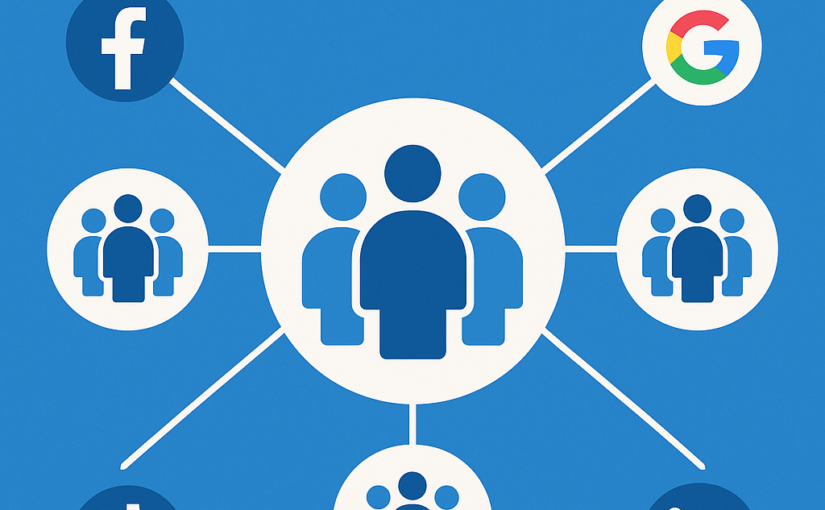Flat-design infographic with a central seed audience icon connected by lines to four lookalike audience groups, with Facebook, Google, TikTok, and LinkedIn logos in each corner.