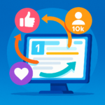 Illustration showing a computer monitor with a top-ranked search result. Surrounding it are social media icons—a thumbs-up, a “10k followers” badge, and a heart—connected by colorful arrows to the search listing, symbolizing how social engagement relates to SEO.