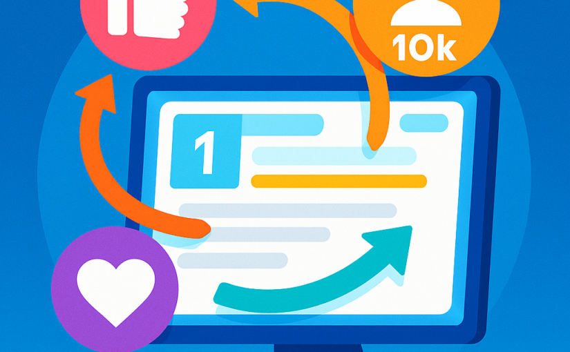 Illustration showing a computer monitor with a top-ranked search result. Surrounding it are social media icons—a thumbs-up, a “10k followers” badge, and a heart—connected by colorful arrows to the search listing, symbolizing how social engagement relates to SEO.