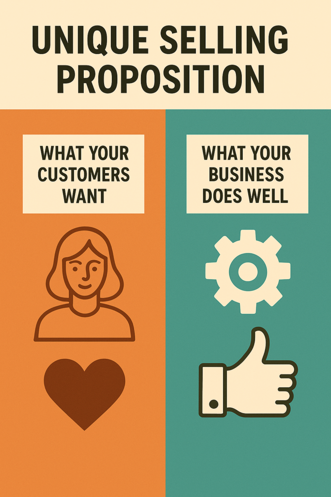 Split-color infographic showing “What your customers want” on an orange background with customer and heart icons, and “What your business does well” on a teal background with gear and thumbs-up icons.