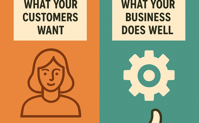 Split-color infographic showing “What your customers want” on an orange background with customer and heart icons, and “What your business does well” on a teal background with gear and thumbs-up icons.