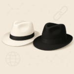Illustration of a white fedora and a black fedora representing white-hat and black-hat backlink strategies against a soft beige background with faint SEO icons.