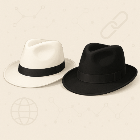 Illustration of a white fedora and a black fedora representing white-hat and black-hat backlink strategies against a soft beige background with faint SEO icons.