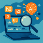 Laptop displaying floating semantic HTML tags (h2, h3, p, ul, li) with a magnifying glass and an orange brain icon labeled “AI” connected to nodes against a blue gradient background