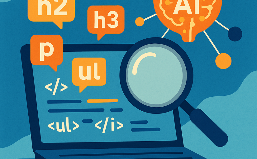 Laptop displaying floating semantic HTML tags (h2, h3, p, ul, li) with a magnifying glass and an orange brain icon labeled “AI” connected to nodes against a blue gradient background