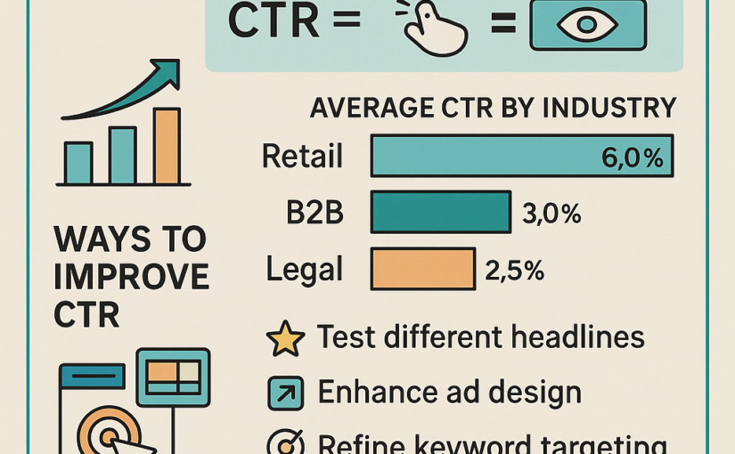 Infographic illustrating Click-Through Rate (CTR) definition, formula, industry benchmarks, and strategies to boost CTR