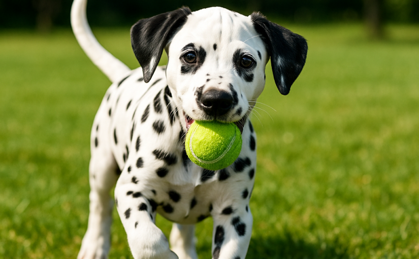 alt="Dalmatian puppy running across a grassy park with a green tennis ball in its mouth"