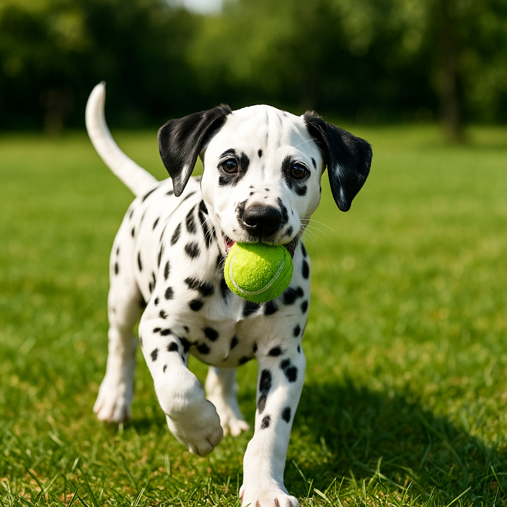 alt="Dalmatian puppy running across a grassy park with a green tennis ball in its mouth" 