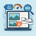 Flat 2D illustration showing a laptop with image thumbnails and icons for ALT TEXT, speedometer, SEO magnifying glass, and file formats (JPEG, WebP) on a soft blue background.