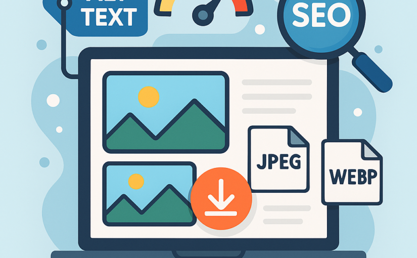 Flat 2D illustration showing a laptop with image thumbnails and icons for ALT TEXT, speedometer, SEO magnifying glass, and file formats (JPEG, WebP) on a soft blue background.