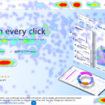 Heatmap overlay on a Microsoft Clarity landing page showing click distribution with red hotspots on navigation, call-to-action buttons, and consent banner.