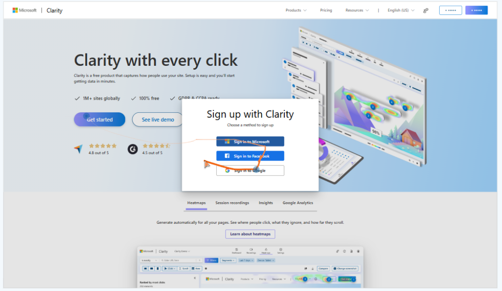 Session recording heatmap overlay on Microsoft Clarity’s landing page showing a user’s click path and hotspots around “Sign in” buttons.