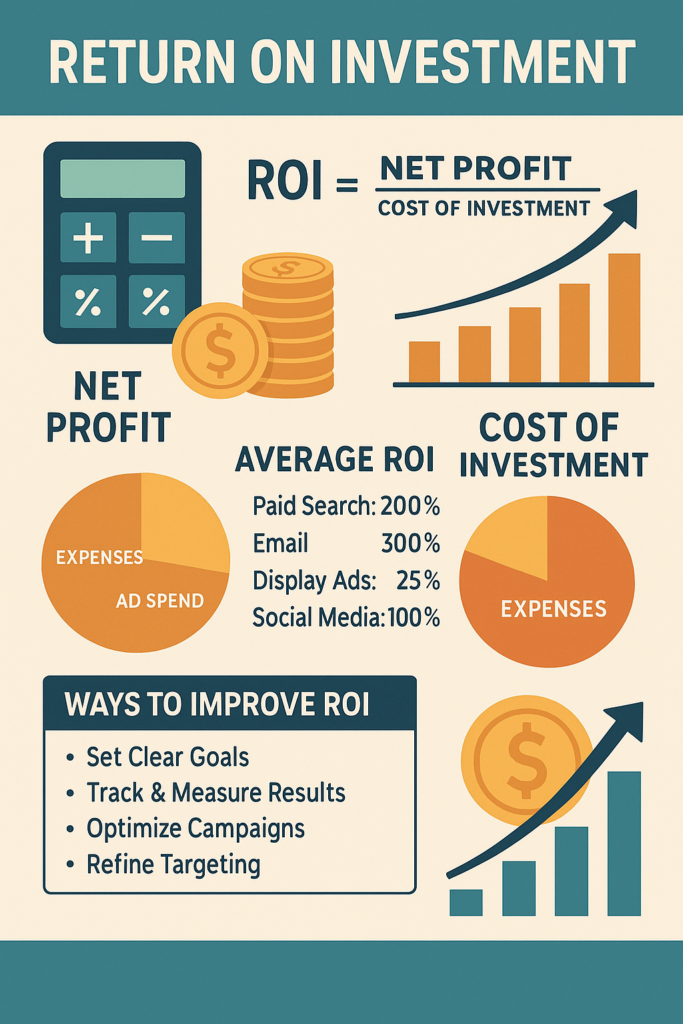 Infographic illustrating Return on Investment (ROI) metrics, formula, benchmarks, and strategies to maximize marketing ROI