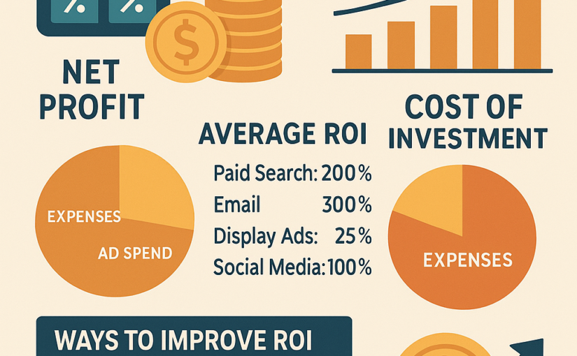 Infographic illustrating Return on Investment (ROI) metrics, formula, benchmarks, and strategies to maximize marketing ROI