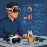 Digital marketing professional wearing an Apple Vision Pro mixed‐reality headset at a modern desk, surrounded by Meta Quest 3 and HTC Vive Flow headsets, with holographic AR shopping visuals and smart‐glasses design sketches against a deep blue backdrop.