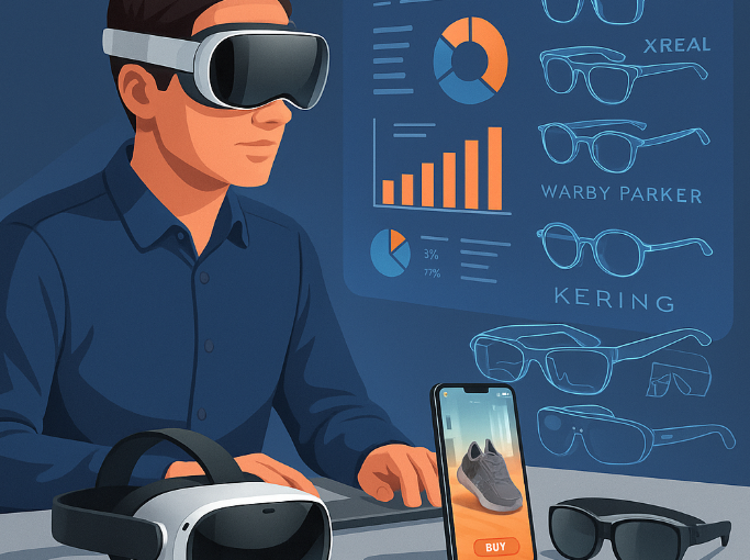 Digital marketing professional wearing an Apple Vision Pro mixed‐reality headset at a modern desk, surrounded by Meta Quest 3 and HTC Vive Flow headsets, with holographic AR shopping visuals and smart‐glasses design sketches against a deep blue backdrop.