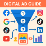 Infographic showing a three-step digital ad creation funnel: Step 1, Step 2, Step 3. Platform logos (Facebook, Google, YouTube, Instagram, TikTok, LinkedIn) feed into the funnel. A central CTA card (image + “CTA” button) leads to a rising bar chart, illustrating how ads convert. Background is a soft beige with bold orange header reading “DIGITAL AD GUIDE.”