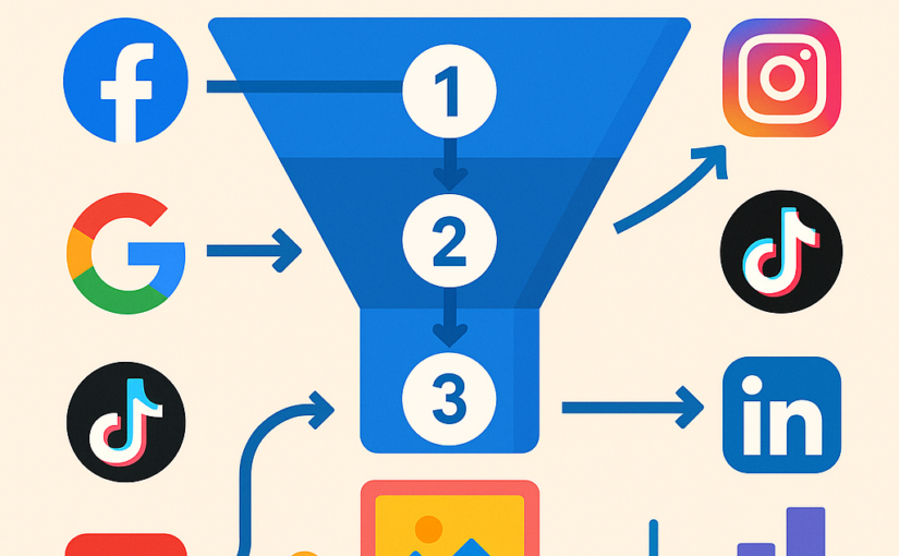 Infographic showing a three-step digital ad creation funnel: Step 1, Step 2, Step 3. Platform logos (Facebook, Google, YouTube, Instagram, TikTok, LinkedIn) feed into the funnel. A central CTA card (image + “CTA” button) leads to a rising bar chart, illustrating how ads convert. Background is a soft beige with bold orange header reading “DIGITAL AD GUIDE.”