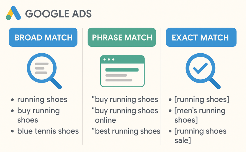 Infographic comparing Google Ads Broad Match, Phrase Match, and Exact Match keyword examples
