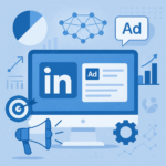 Digital illustration of LinkedIn Paid Ads concepts: a central monitor displaying the LinkedIn logo and an ad unit, surrounded by icons (charts, a target, a gear, and a neural‐network motif), all in blue and white.