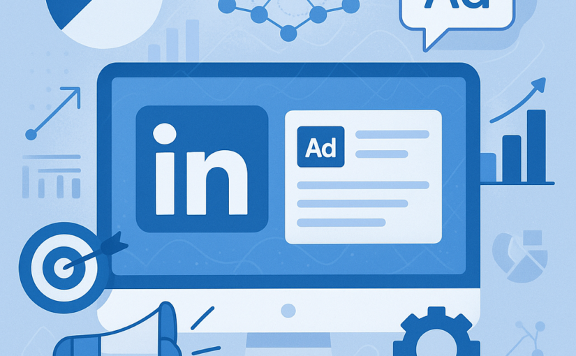 Digital illustration of LinkedIn Paid Ads concepts: a central monitor displaying the LinkedIn logo and an ad unit, surrounded by icons (charts, a target, a gear, and a neural‐network motif), all in blue and white.