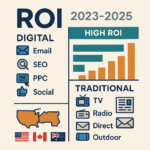 Infographic comparing 2023–2025 ROI of digital marketing channels (email, SEO, PPC, social) versus traditional channels (TV, radio, direct mail, print, outdoor) across the US, Canada, UK, and Australia.