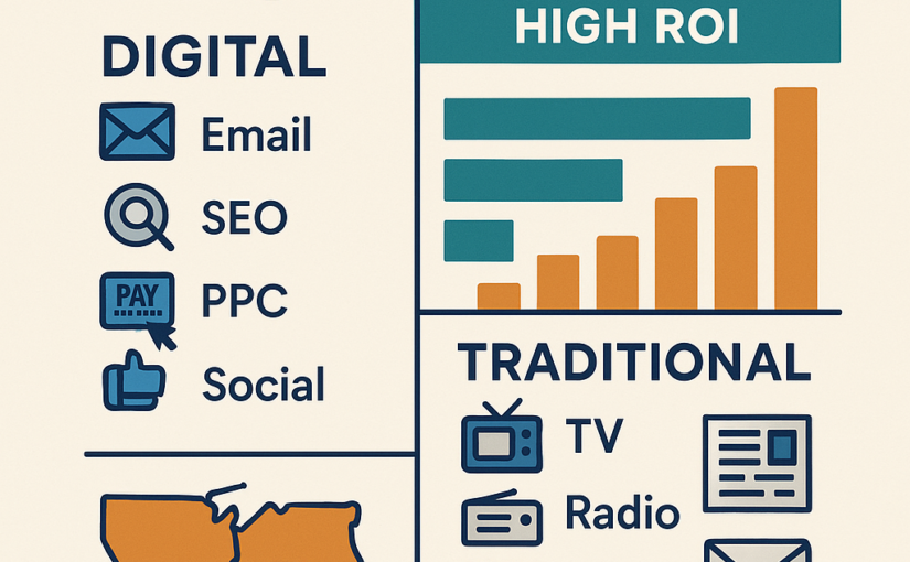 Infographic comparing 2023–2025 ROI of digital marketing channels (email, SEO, PPC, social) versus traditional channels (TV, radio, direct mail, print, outdoor) across the US, Canada, UK, and Australia.