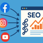 Flat-design illustration of social media icons (Facebook, Twitter, Instagram, LinkedIn, YouTube) with curved arrows pointing to a web page displaying an upward-trending SEO growth chart and link icons.