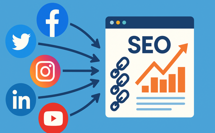 Flat-design illustration of social media icons (Facebook, Twitter, Instagram, LinkedIn, YouTube) with curved arrows pointing to a web page displaying an upward-trending SEO growth chart and link icons.