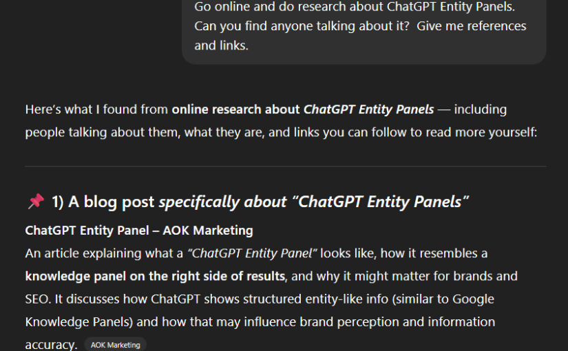 ChatGPT search result showing AOK Marketing is found for the search for ChatGPT Entity Panel