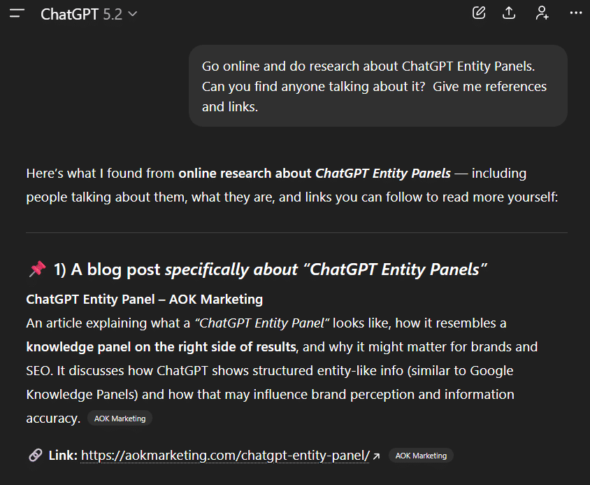 ChatGPT search result showing AOK Marketing is found for the search for ChatGPT Entity Panel