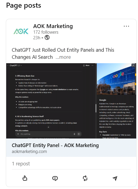 An image of a LinkedIn company page post by AOK Marketing about ChatGPT Entity Panels
