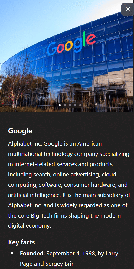 An image of the Google Entity Panel in ChatGPT