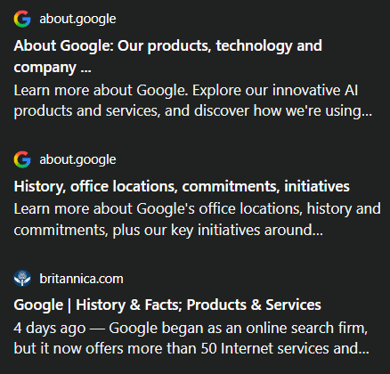 An image of the Google Entity Panel in ChatGPT showing the sources used to build the entity panel