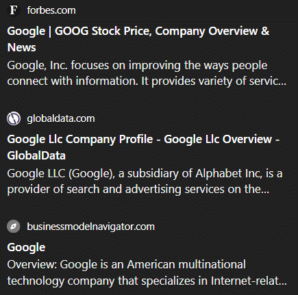 An image of the Google Entity Panel in ChatGPT showing the sources used to build the entity panel - 2