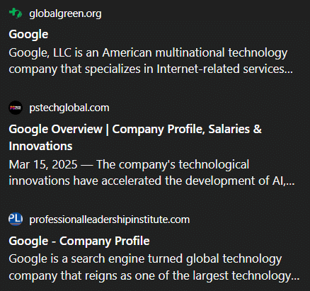 An image of the Google Entity Panel in ChatGPT showing the sources used to build the entity panel - 3