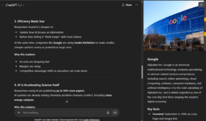 An image of the Google Entity Panel in ChatGPT showing alongside the generated prompt result