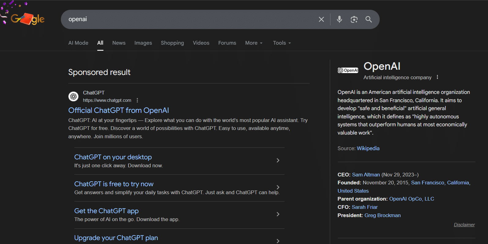 An image of the Google search results showing the knowledge panel for OpenAI